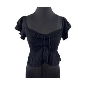 Revamped Women's Black Short Tiered Sleeve Smocked Drawcord Crop Top Size M